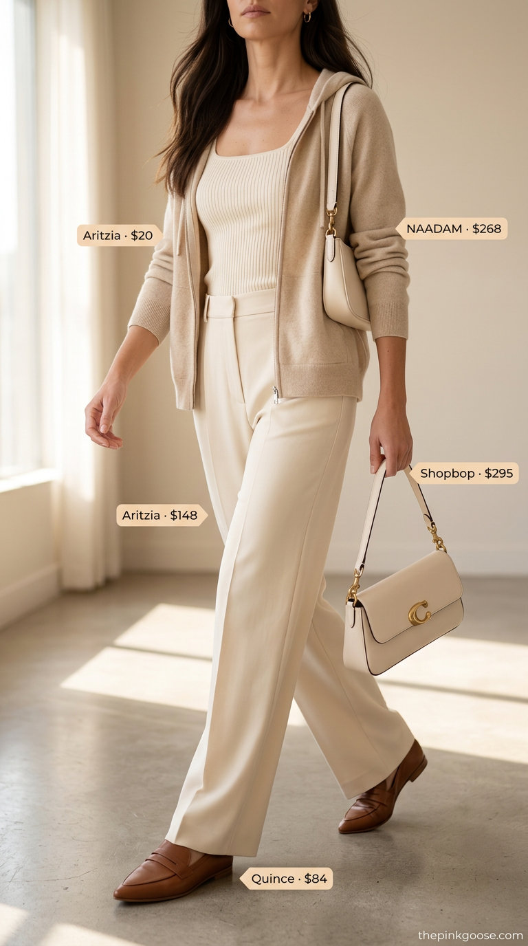 Elevated athleisure summer zip up hoodie outfit for women 2026 in cream and beige, perfect for smart casual occasions.