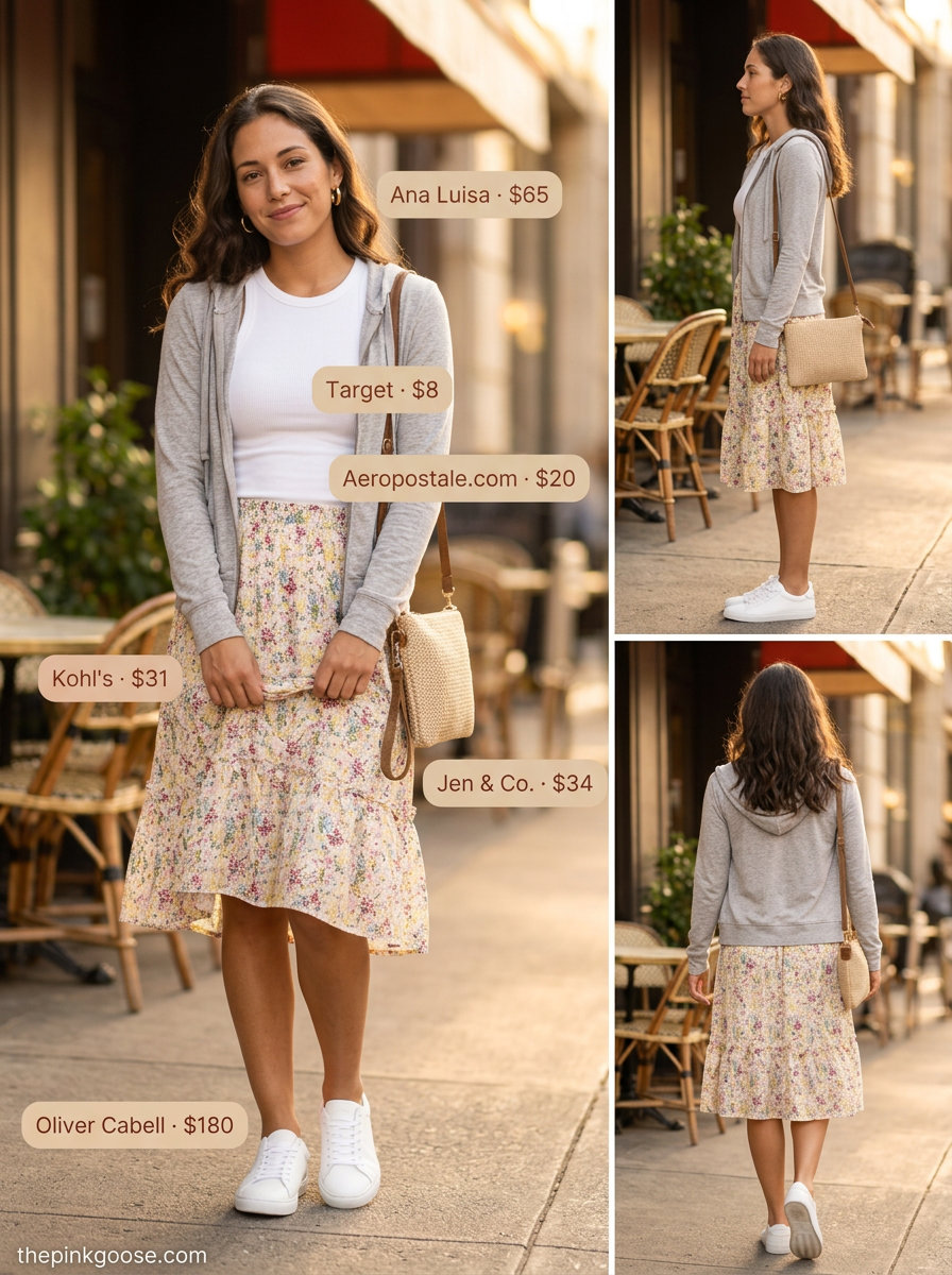 Summer zip up hoodie outfits for women 2026: Light grey hoodie paired with a floral midi skirt for a playful brunch look.
