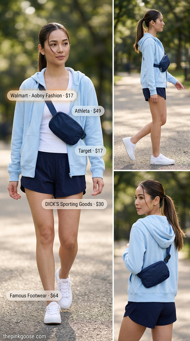 Summer zip up hoodie outfits for women 2026: Light blue zip-up hoodie with athletic shorts for an active day.