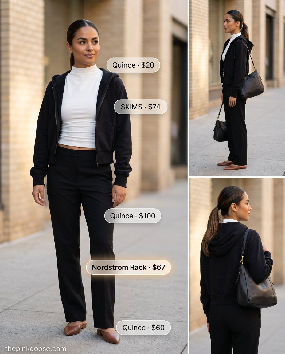 Modern minimalist summer zip up hoodie outfit for women 2026 in black and white, ideal for office casual.
