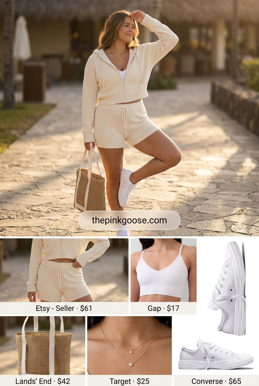 Summer zip up hoodie outfits for women 2026: Cream terry cloth zip-up hoodie and shorts set for effortless coordination.