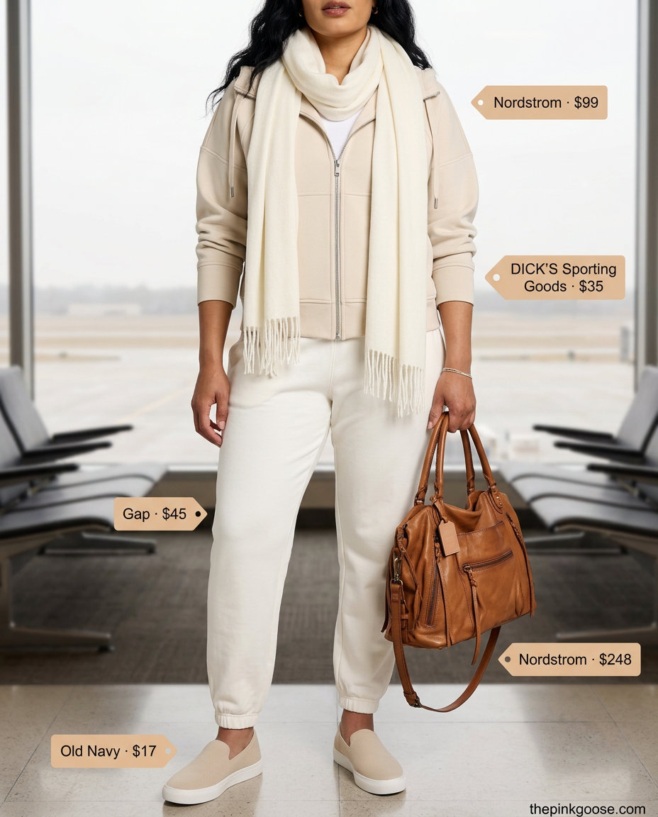 Athleisure travel summer zip up hoodie outfit for women 2026 in light beige and cream, ideal for airports.