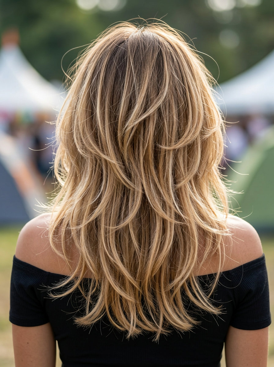 medium butterfly shag haircut with sun-kissed golden blonde balayage, textured layers, wispy curtain fringe — boho festival style