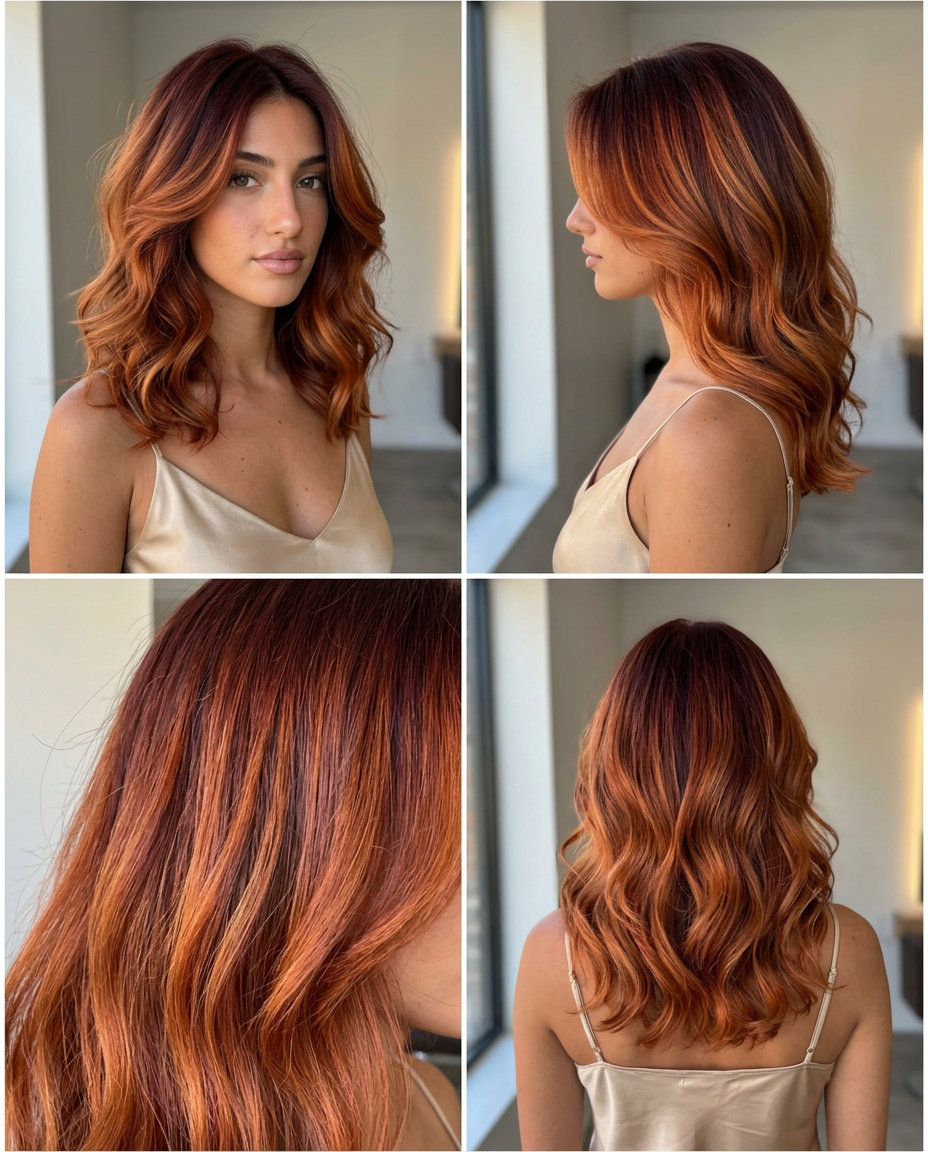 long sunset auburn ombré with apricot ends, deep auburn roots, fiery copper mid-lengths, U-cut back — playful