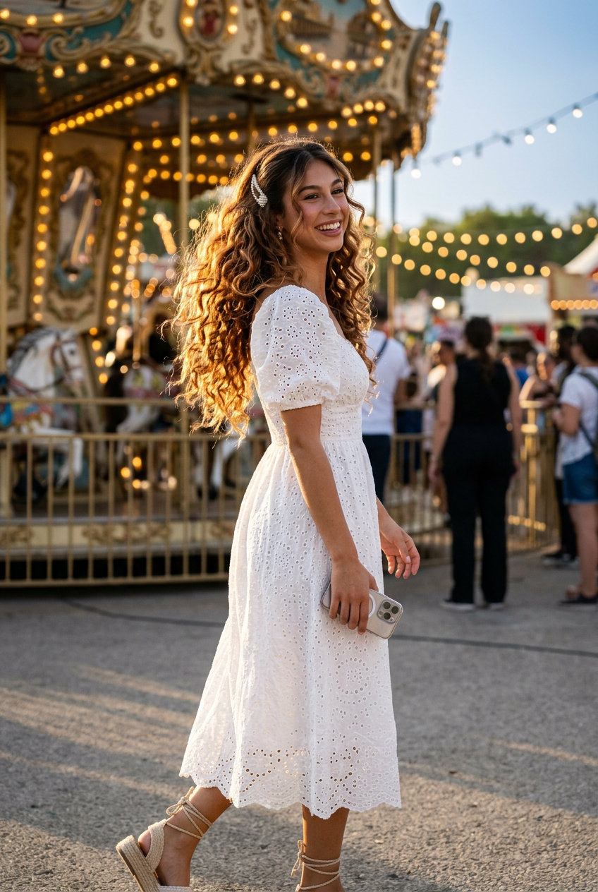 shoulder-length sunset copper curls with pearl clips for summer festival 2026