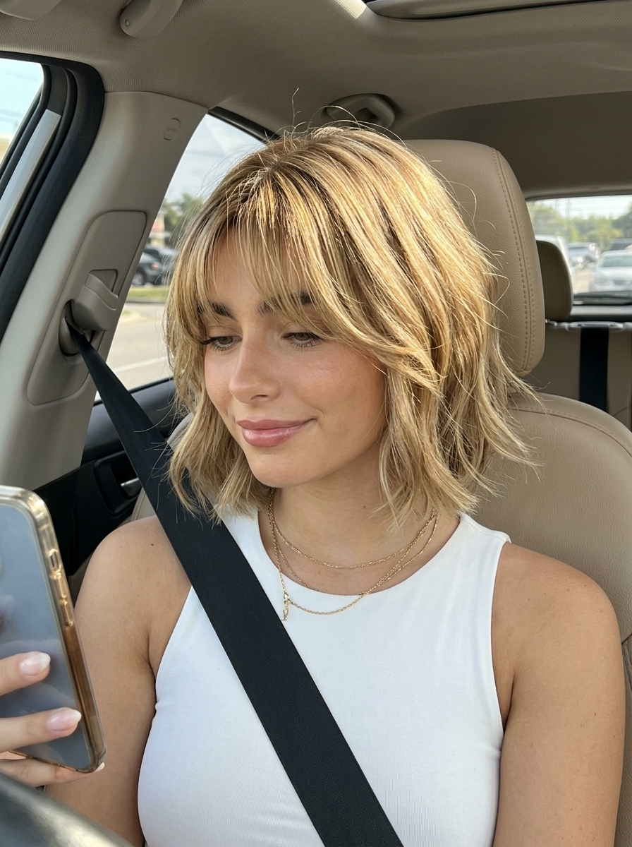 chin-length French bob haircut in syrup blonde with golden babylights and wispy curtain bangs