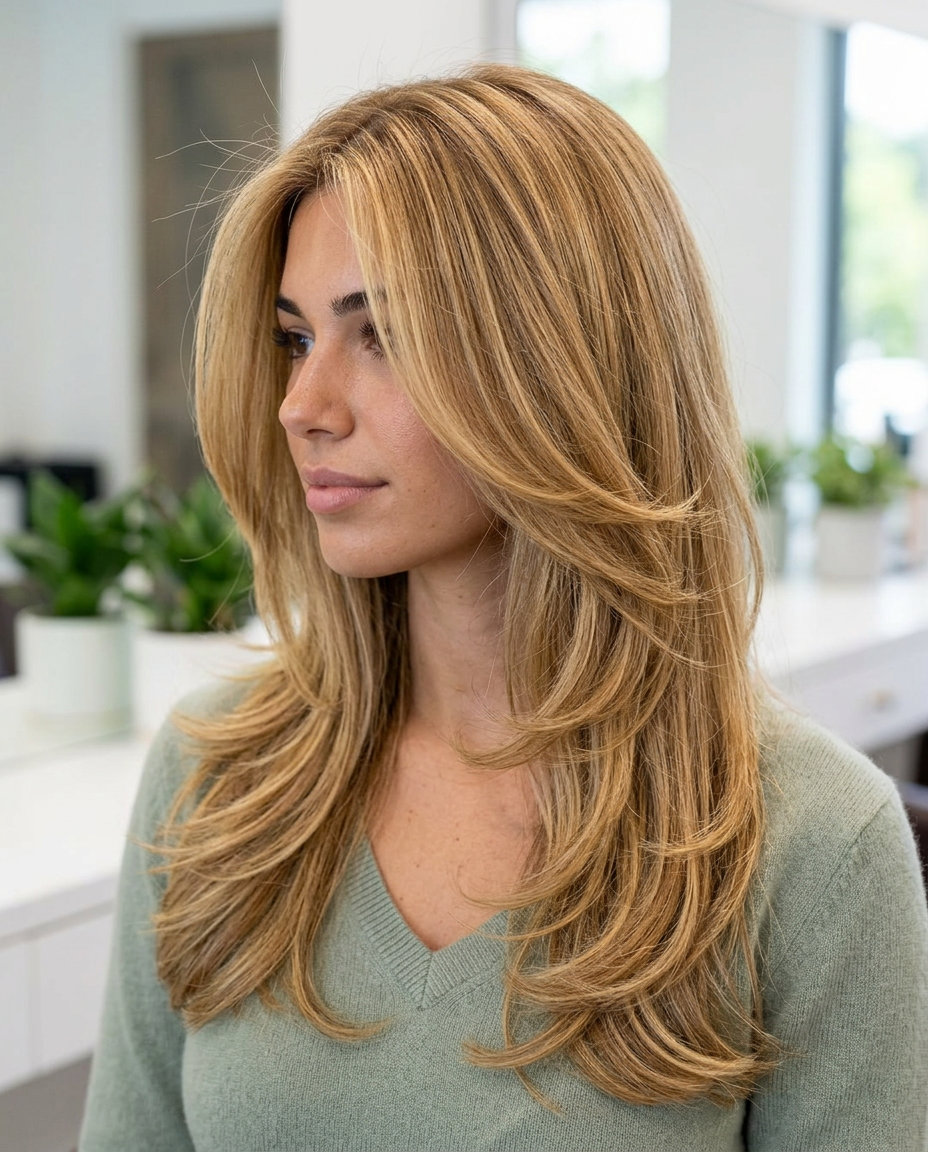long layered haircut with syrup blonde & golden balayage, tiered layers — glamorous bombshell look