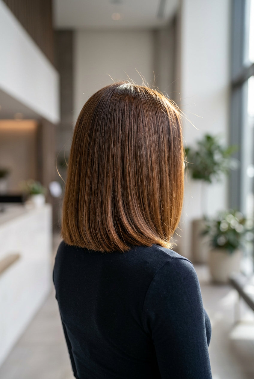 medium blunt haircut with syrup brunette amber undertones, clean perimeter, no layers — sophisticated minimalist style