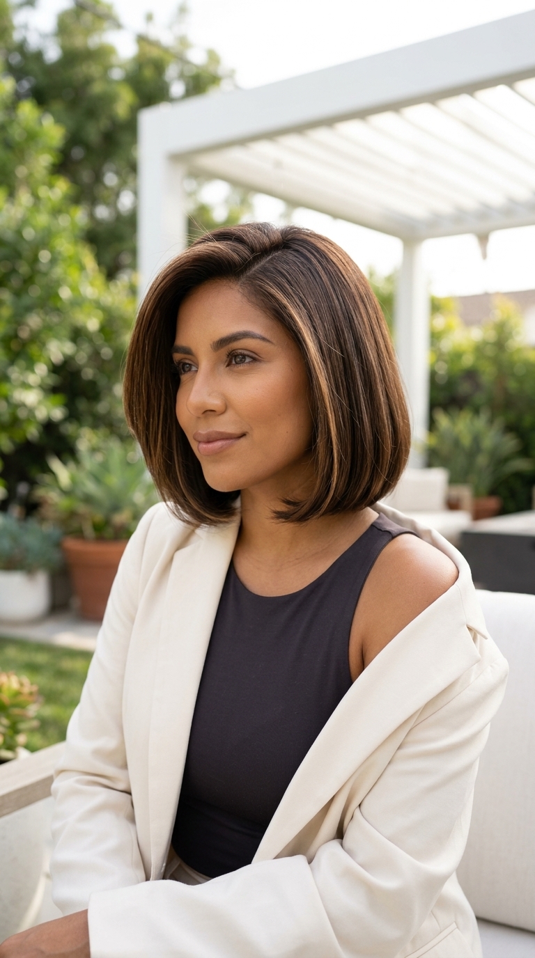 chin-length syrup brunette bob with amber undertones and blunt cut for summer events