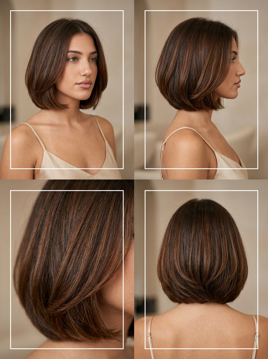 chin-length rounded bob haircut in syrup brunette with amber undertones, caramel ribbons, no bangs — sophisticated summer style