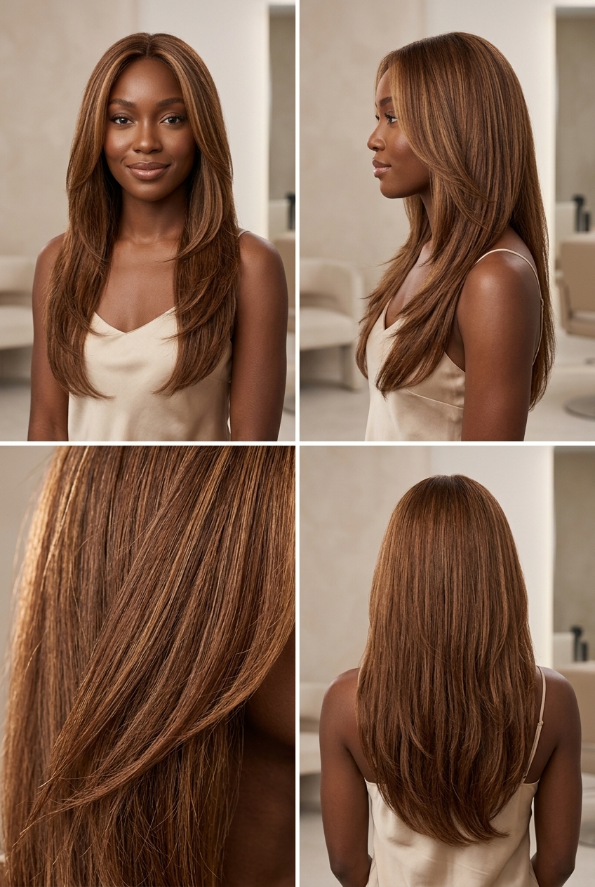 extra-long cut with warm syrup brunette, golden babylights, face-framing layers — romantic, luxurious
