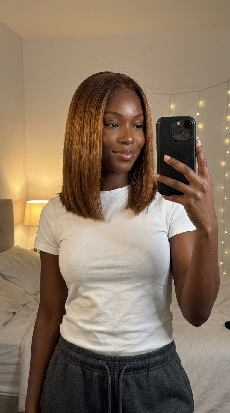 medium blunt lob haircut with syrup brunette golden amber glaze, laser cut perimeter, middle part — professional sleek style