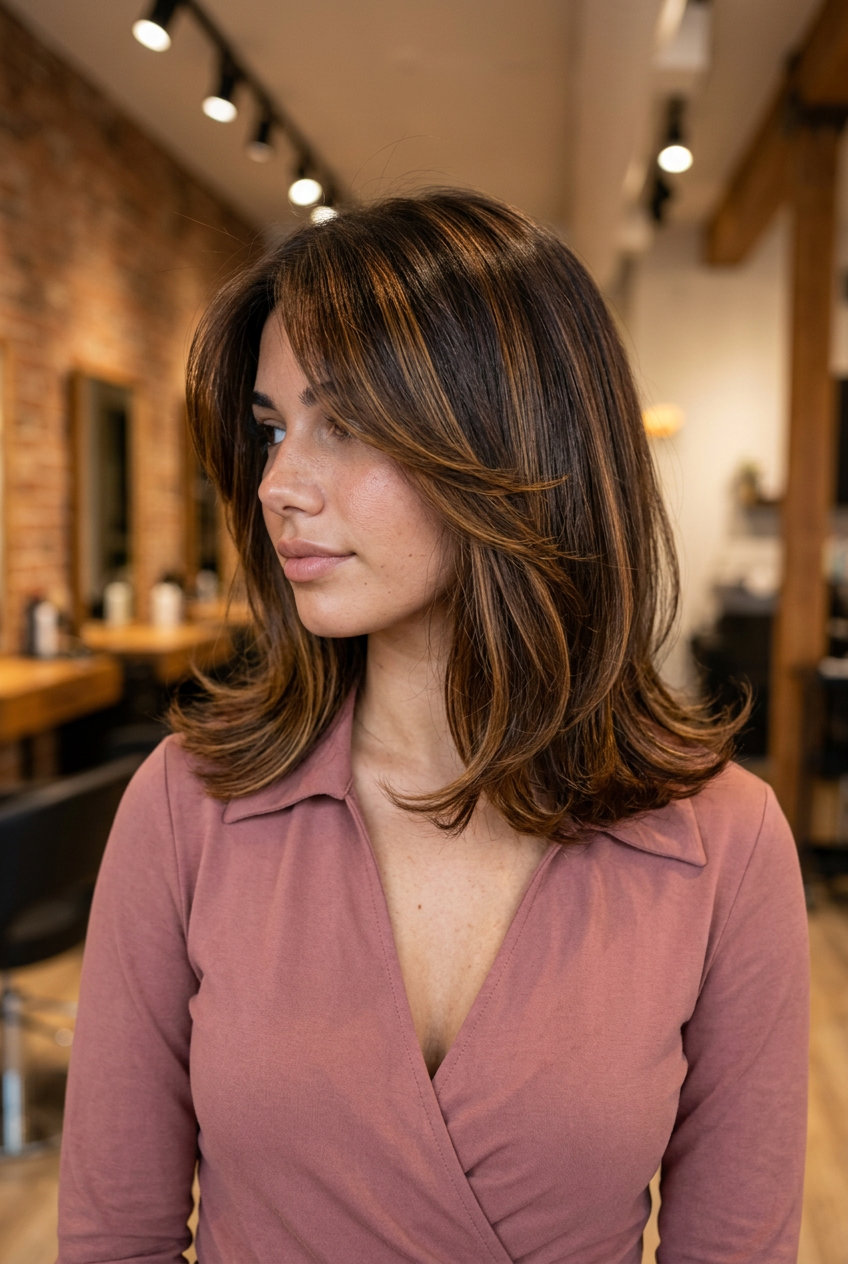 medium lob haircut with syrup brunette golden amber ribbons, graduated layers, swept-aside fringe — retro bouncy style