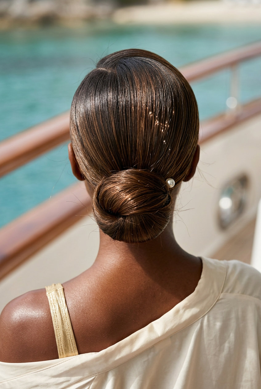 Syrup Brunette Sleek Hair 2026 extra-long syrup brunette haircut with caramel ribbons, blunt U-shaped ends for glamorous resort dinner