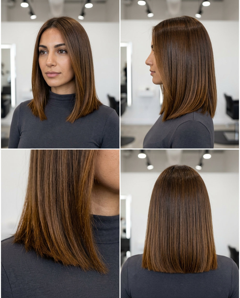 medium blunt lob haircut in syrup brunette with golden-amber undertones, razor-sharp perimeter — minimalist sleek