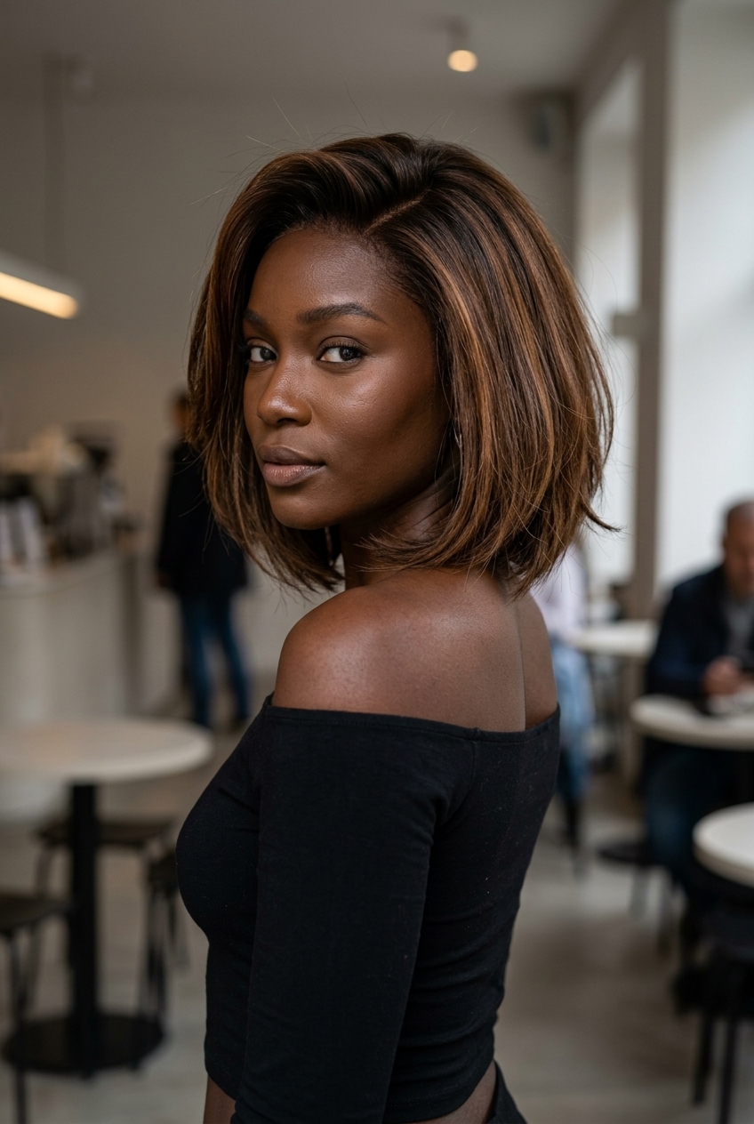 shoulder-length syrup brunette bob with amber undertones and side part for summer dinner