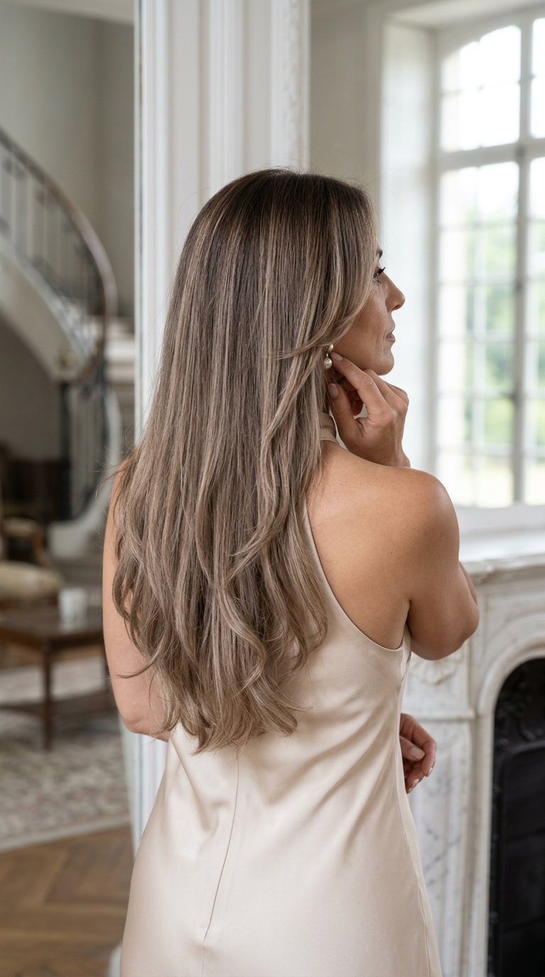 long layered haircut in taupe balayage with mushroom brown base and beige blonde highlights for elegant formal events