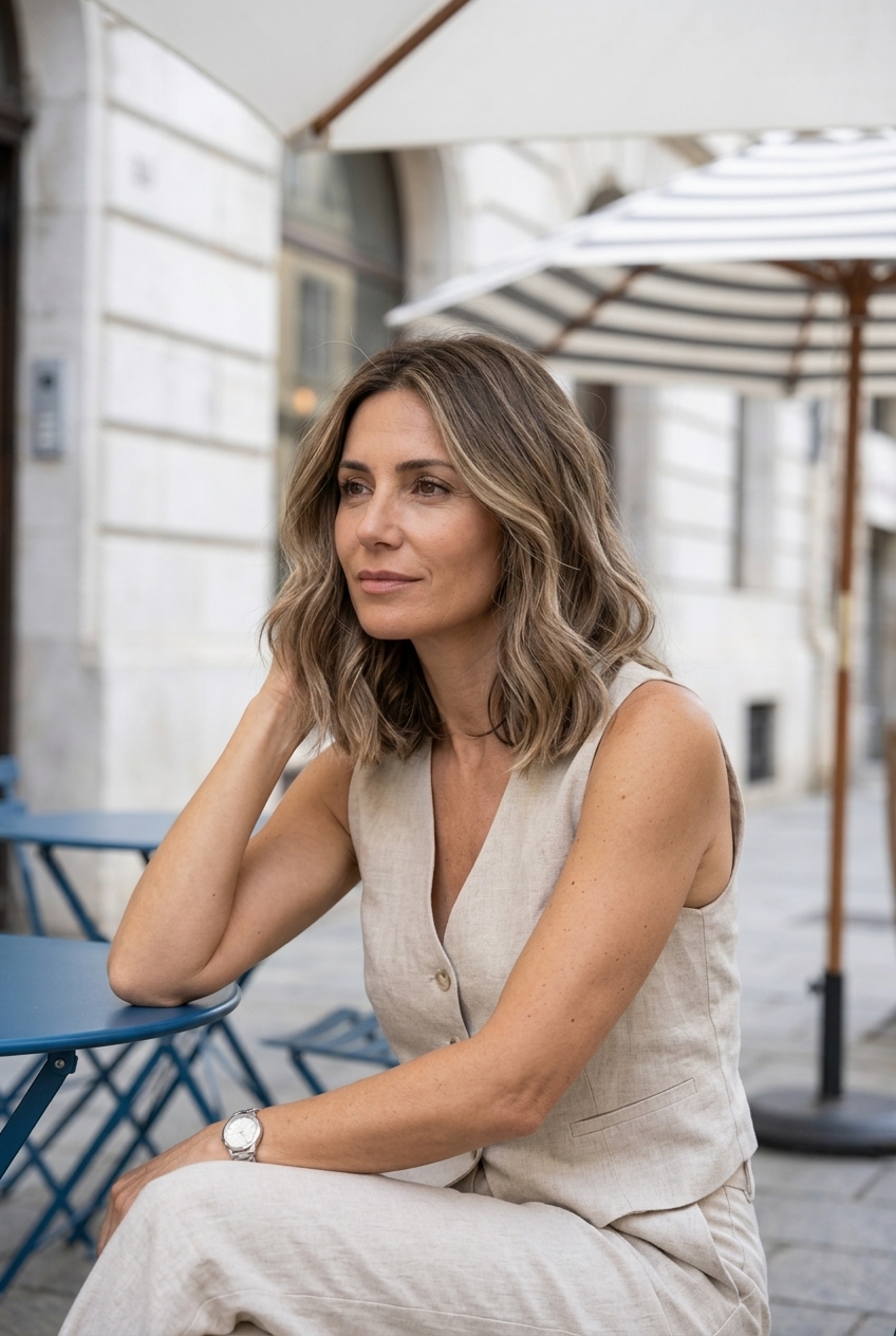 mid-length haircut in taupe balayage with mushroom brown root and beige blonde highlights for soft casual looks