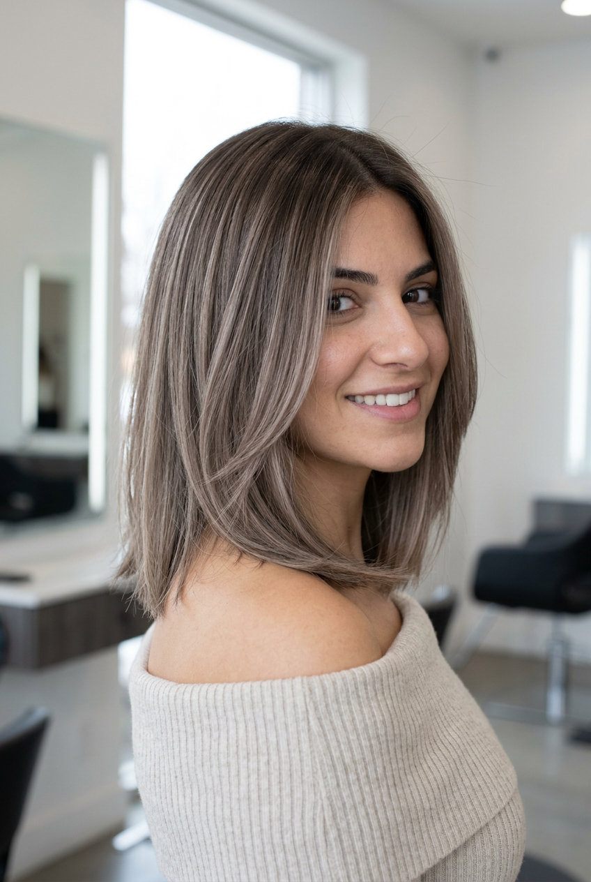 collarbone lob haircut with taupe balayage, internal layers, face-framing pieces — playful effortless natural