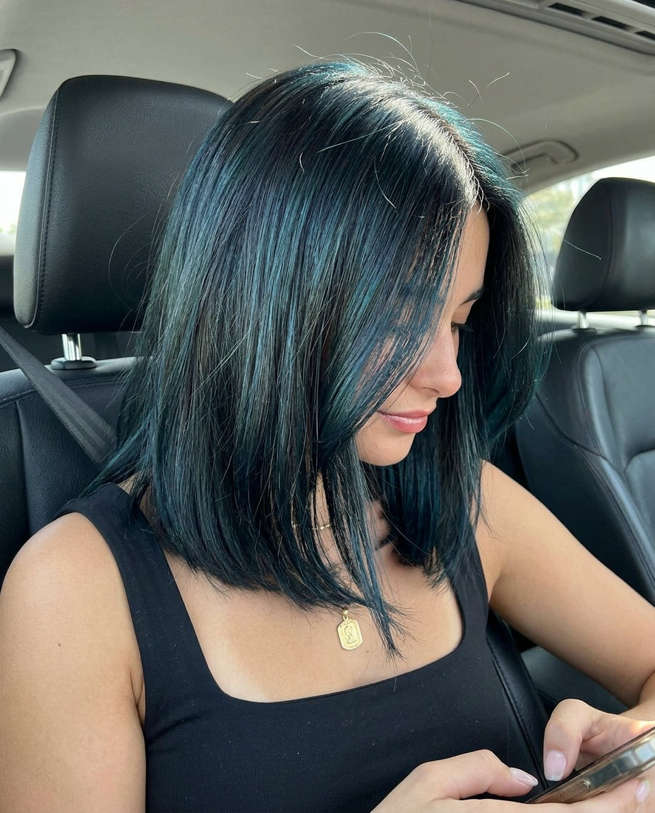 piecey shag haircut with deep espresso and iridescent teal & navy blue reflections for edgy style