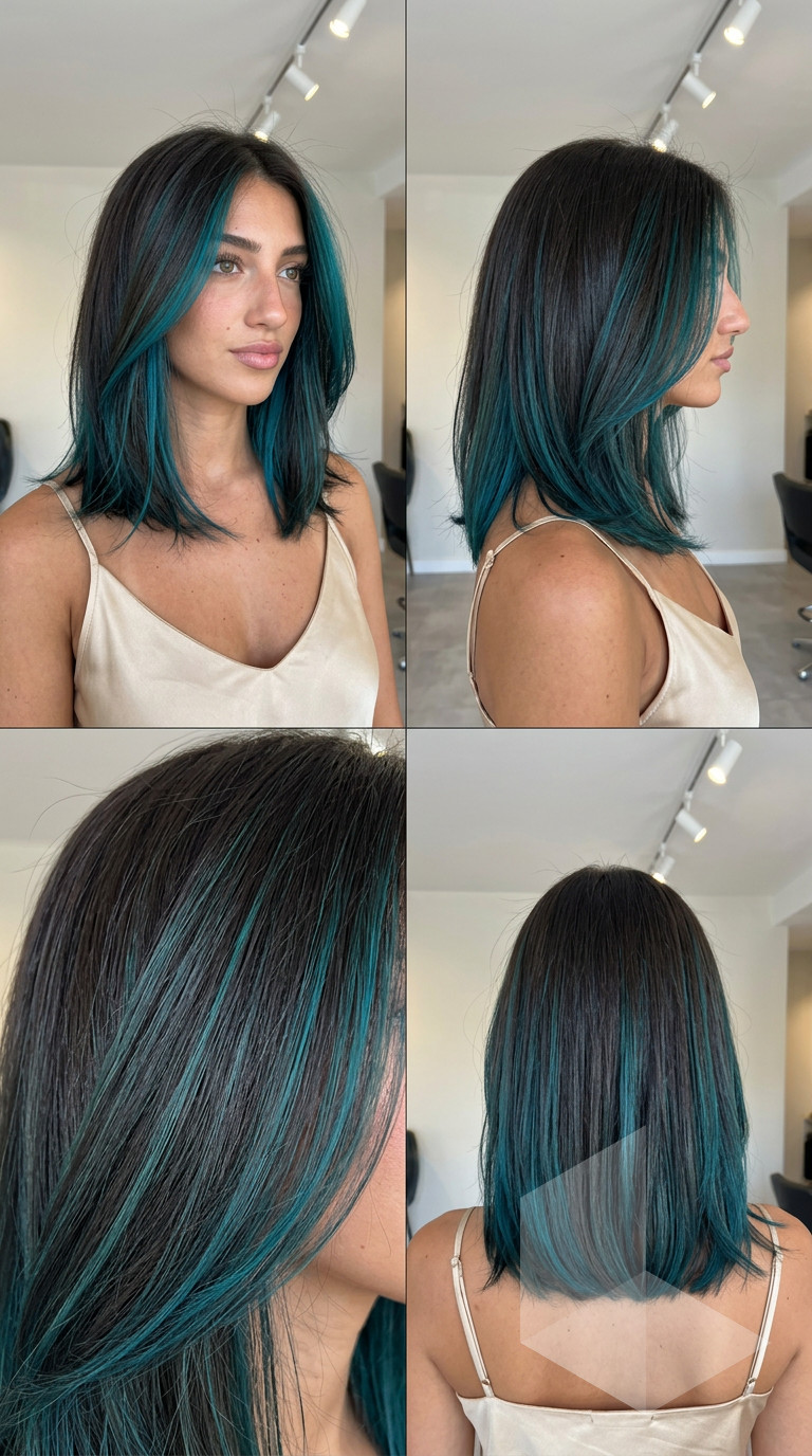 long layered hair with vibrant teal babylights, subtle shimmer, no fringe — playful