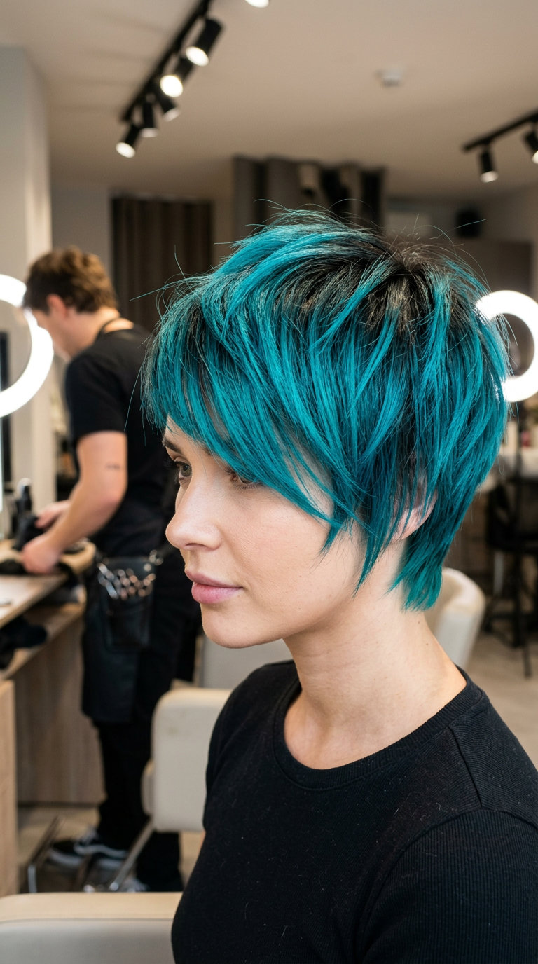 short razored pixie haircut with electric teal ombre, tapered sides, soft fringe — edgy festival look