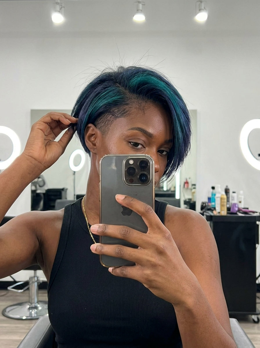 short teal accent undercut with a blue-black base and asymmetrical part for festivals