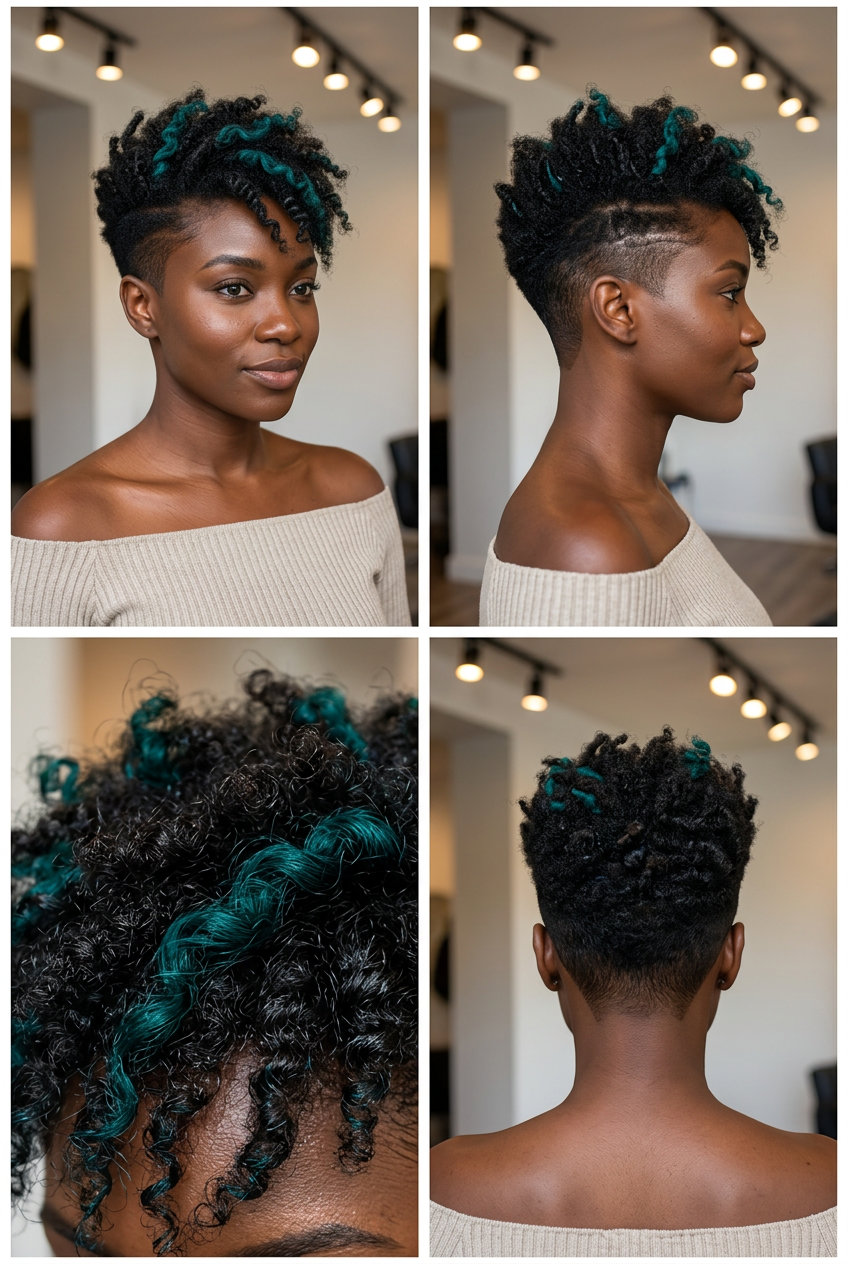 tapered afro pixie with vivid teal accent pieces, clean clipper fade — edgy and playful