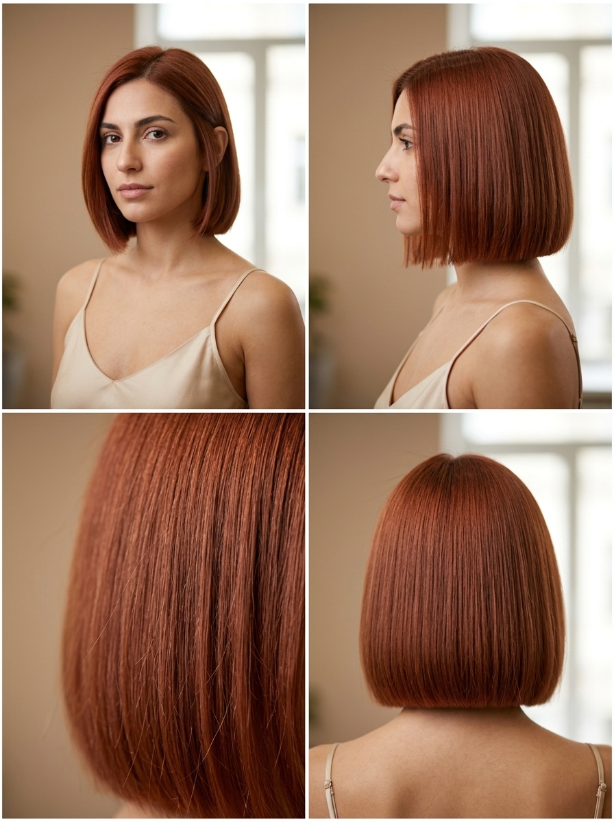 short bob haircut auburn hair color with matte terracotta tones, uniform color, minimalist mood