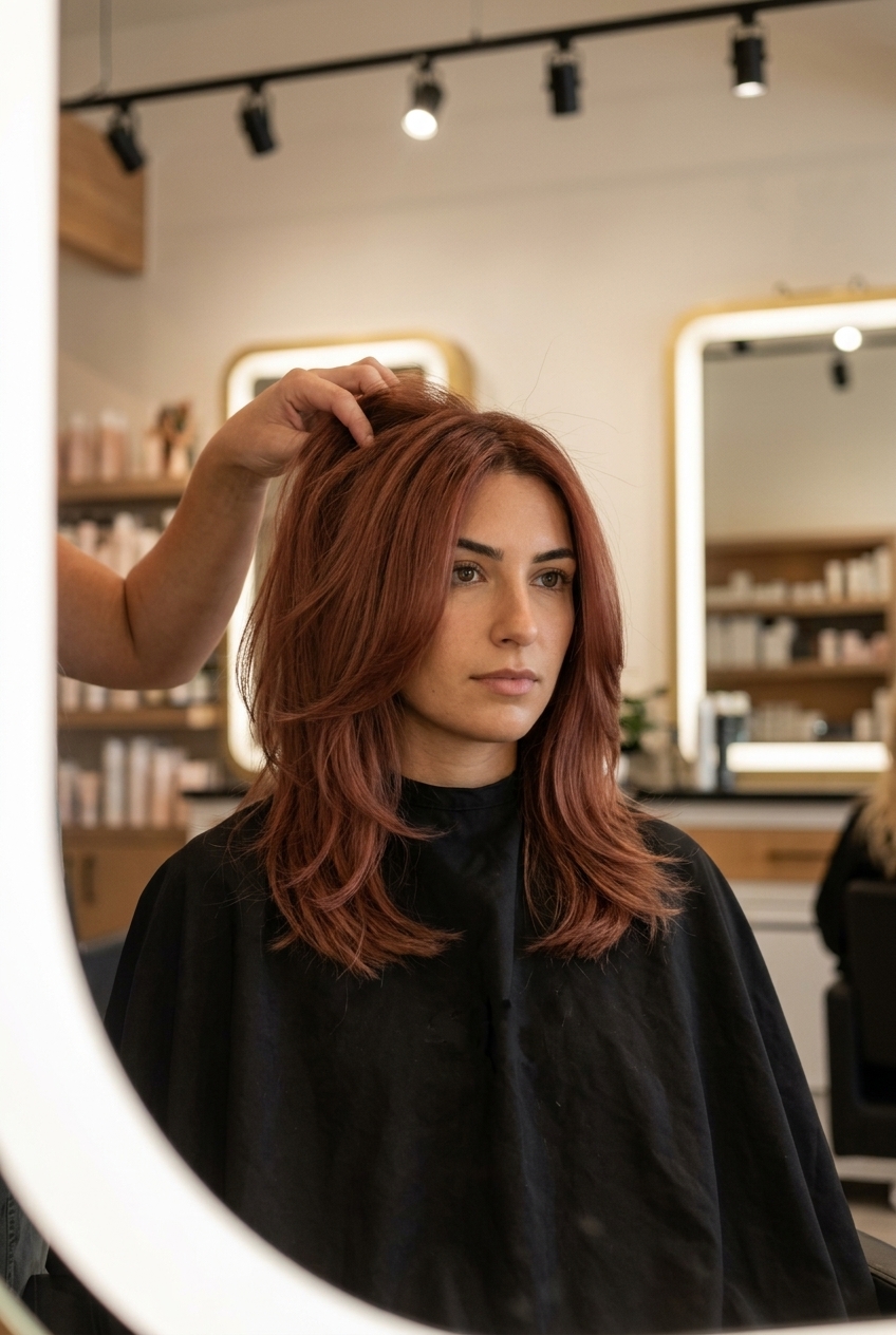 medium muted terracotta auburn with brown undertones, natural level 5 root, soft face-framing layers — effortless