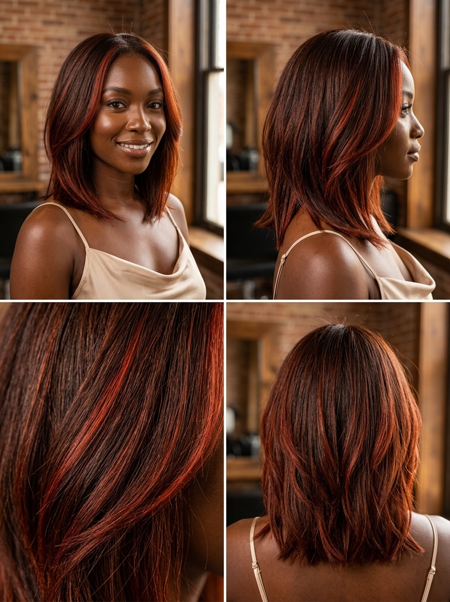 medium lob haircut with terracotta auburn red accents, internal layers for dynamic style