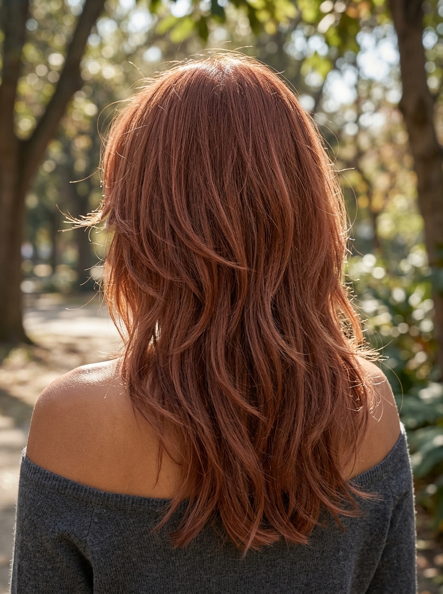 short muted terracotta auburn shag with rust tones, matte finish, textured layers — soft