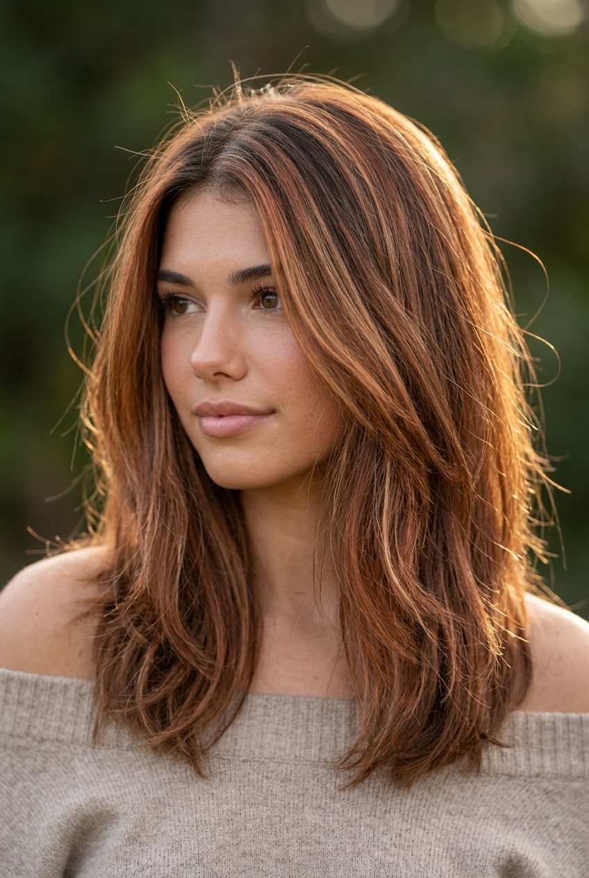 medium layered V-cut terracotta bronde highlights on natural brunette for earthy look