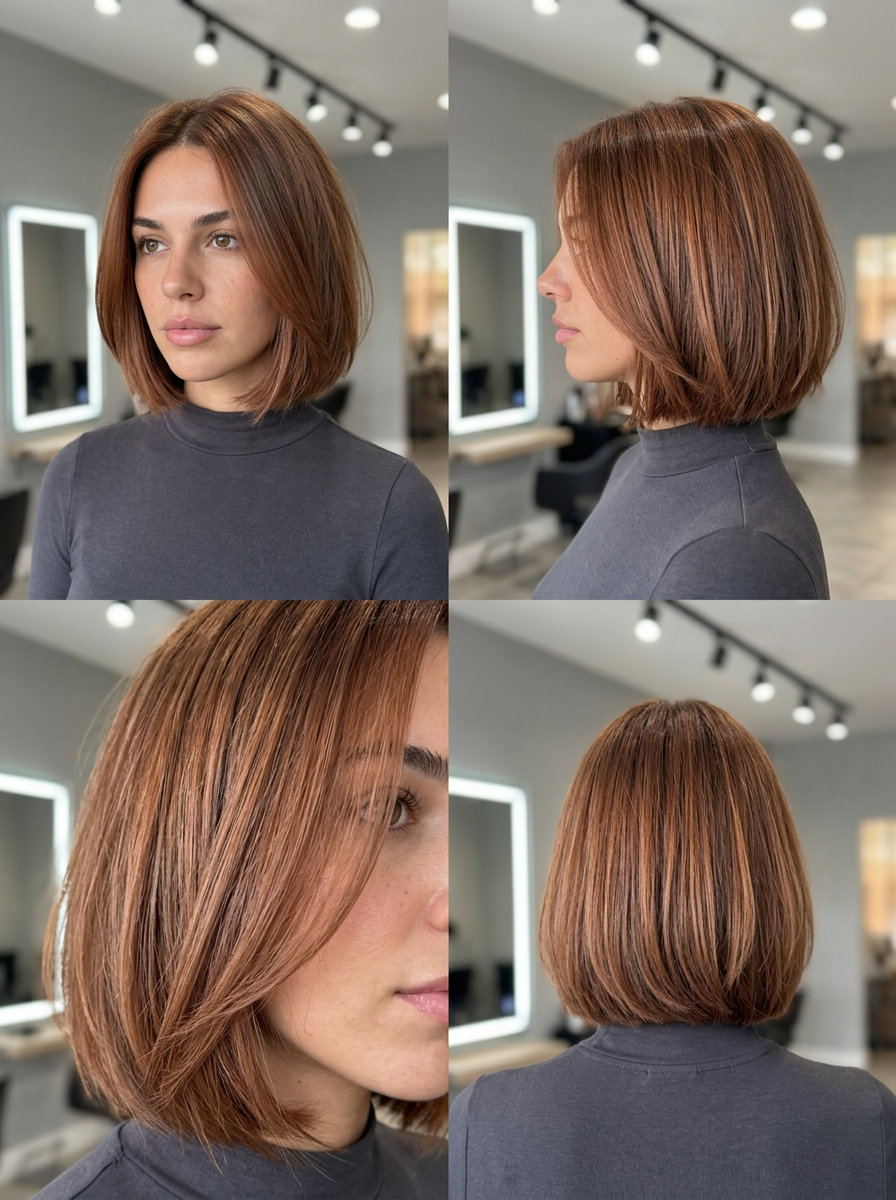 chin-length bob in terracotta tint with diffused ends and playful texture for casual wear