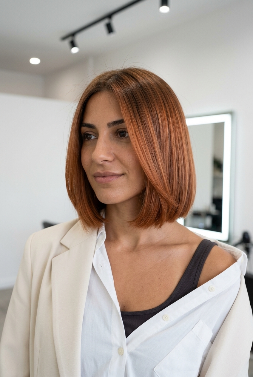 chin-length terracotta copper balayage bob with blunt perimeter for summer