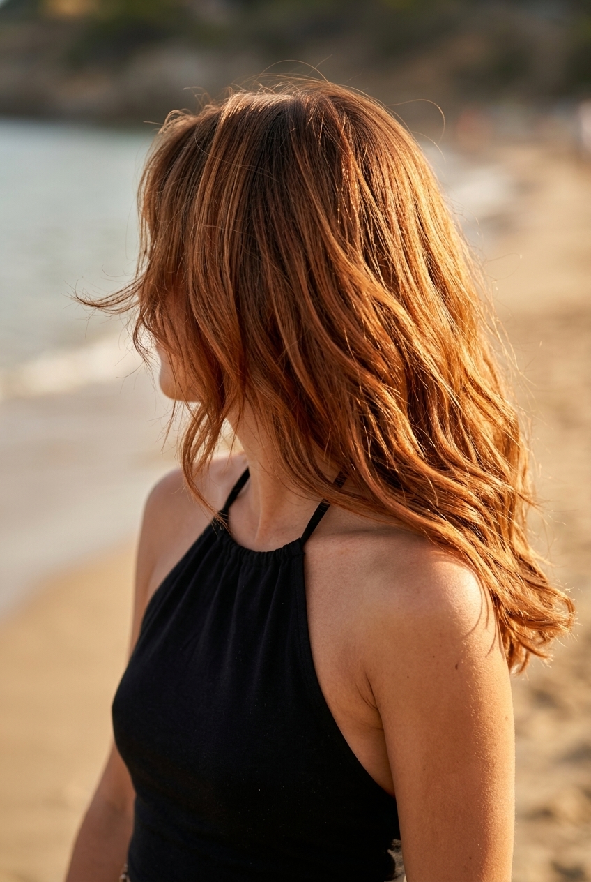 medium terracotta copper with apricot-copper babylights and warm brown root, foilyage — bold summer festival look