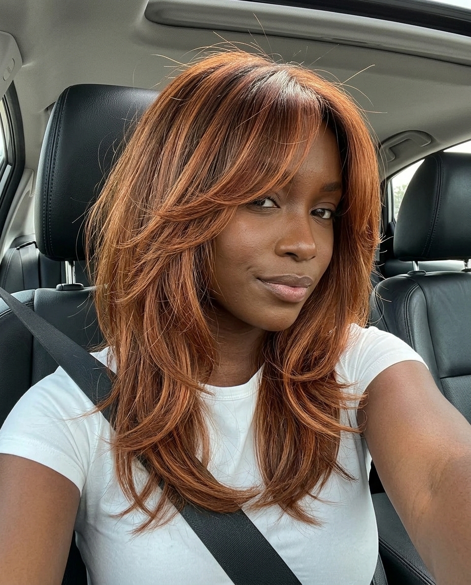 medium-length shag lob with terracotta copper balayage, choppy layers, and curtain bangs for retro style