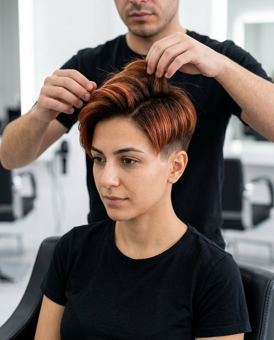 short terracotta copper balayage with sculpted sides for summer