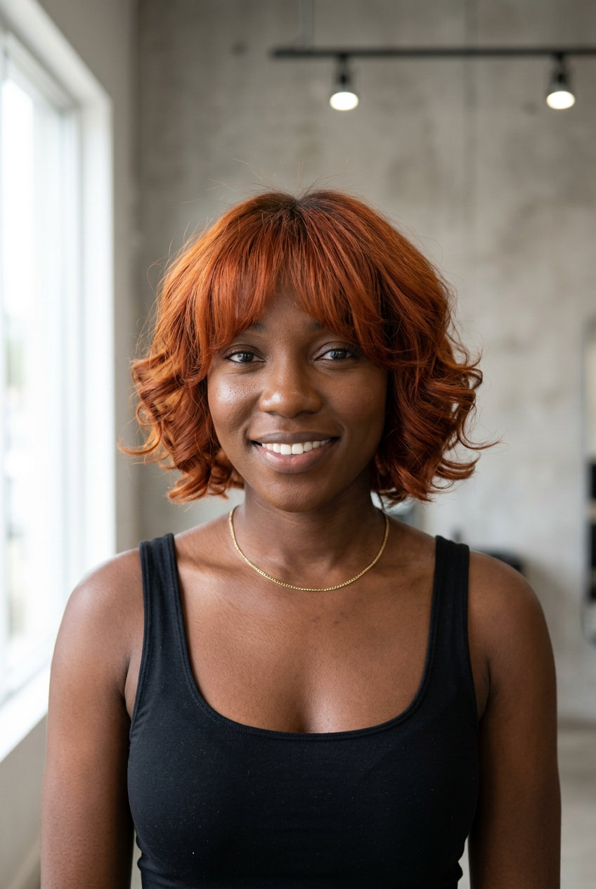 short curly shag-pixie with face-framing fringe and terracotta copper global color for festival