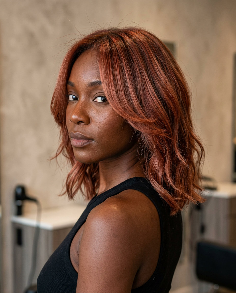 Desert Rose Lob: Terracotta Hues 2026 shoulder-length lob terracotta with rose gold infusions, graduated layers, face-framing layers β bold bohemian waves