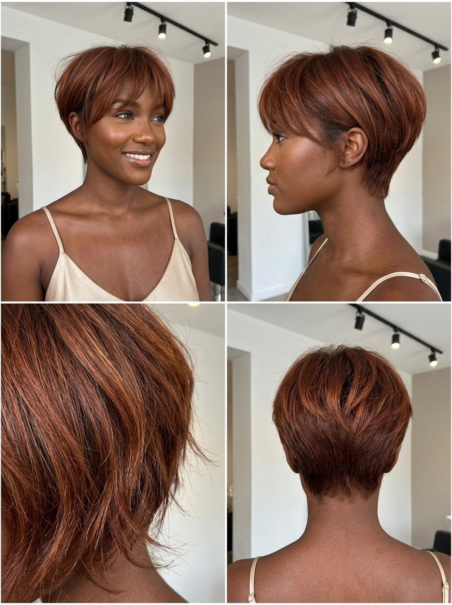short textured crop haircut with terracotta brown and copper-gold babylights, wispy bangs — playful edgy look