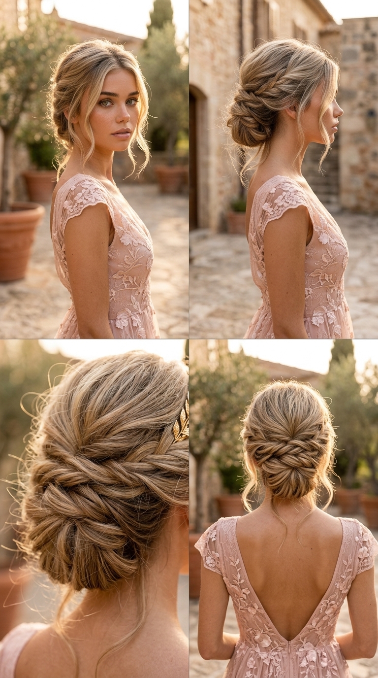 Romantic Boho Bloom Updo: Textured Style 2026 long textured updo with loose coils and face-framing tendrils for boho wedding