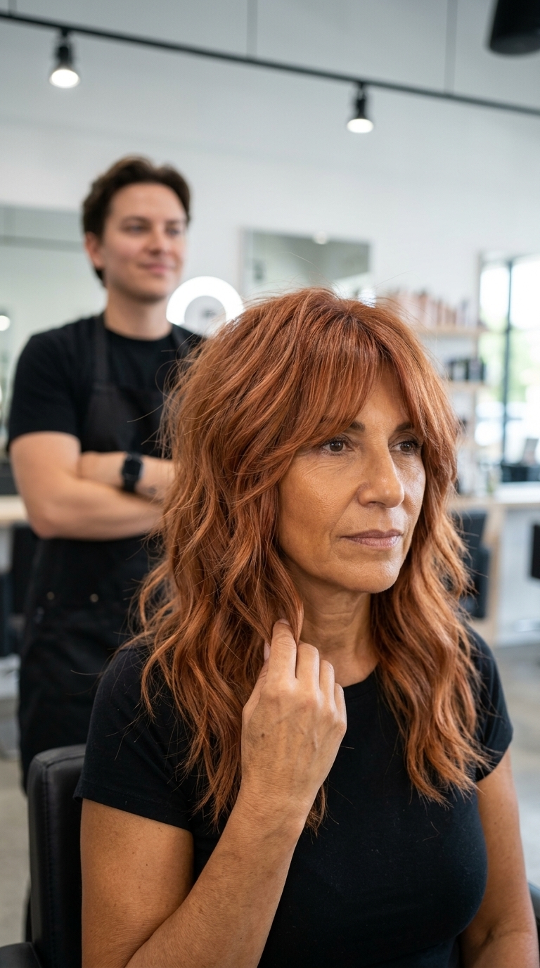 medium-length shag haircut with textured nectarine copper hair and apricot tones, wispy fringe — playful bohemian style