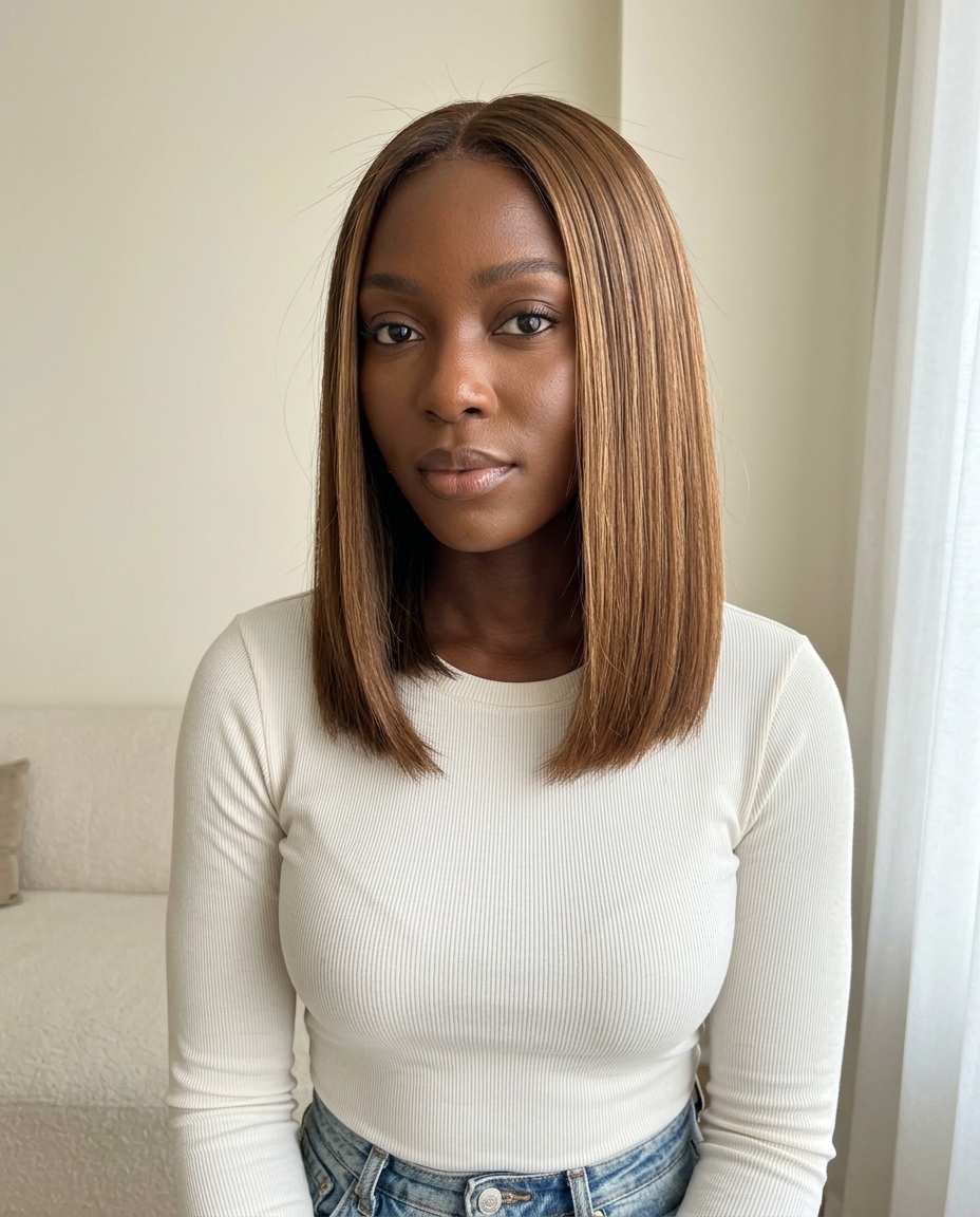 shoulder-length blunt lob with toasted almond brown, golden babylights, no layers — professional, chic