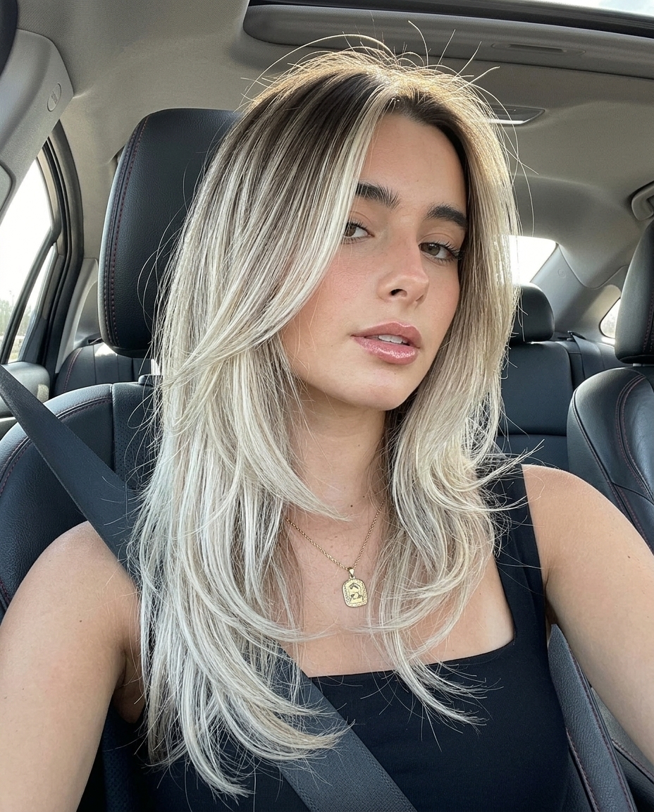 long layered dimensional summer blonde hair color 2026 with deep espresso root and icy blonde ends, reverse balayage and foilayage, razored ends — edgy and bold