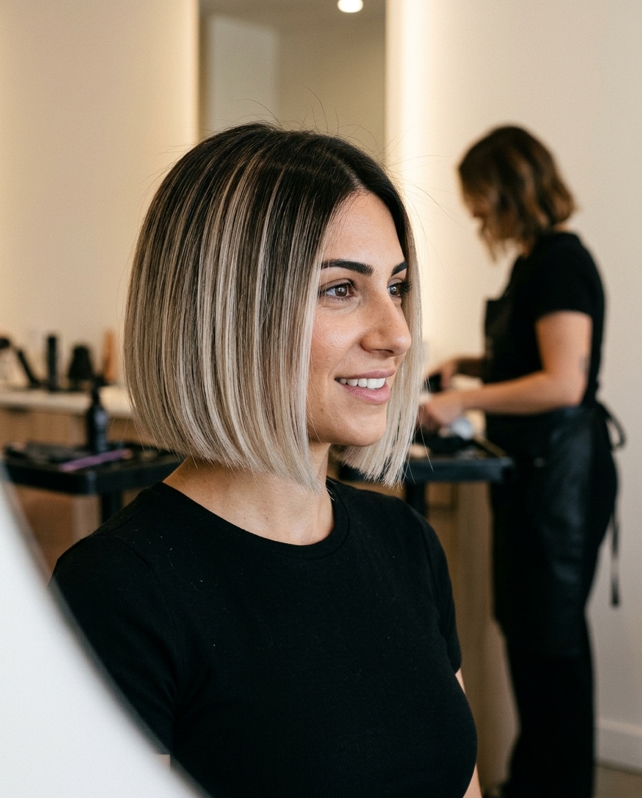 short blunt bob dimensional summer blonde hair color 2026 with deep brunette roots and icy blonde ends, reverse balayage and foilayage, no fringe — bold and trendy