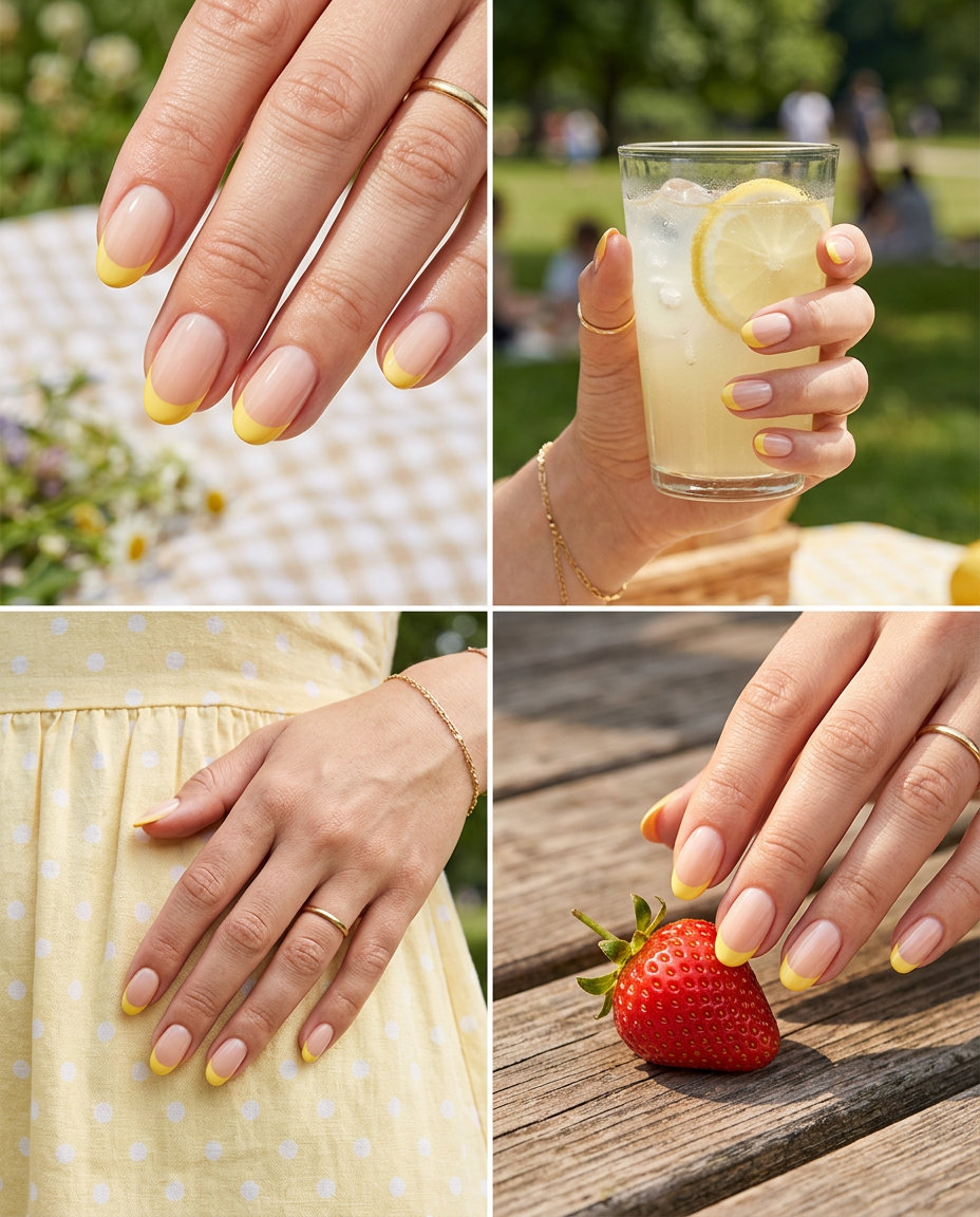 Buttercup Yellow Reverse French Nails 2026: Fun Summer Buttercup yellow reverse French nails for trending summer nails 2026. Cheerful, playful style for festivals and picnics.