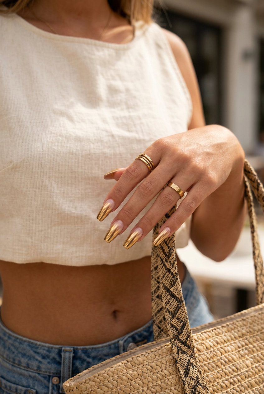Gold Chrome Flare Nails 2026: Glamorous Summer Party Gold chrome flare tip nails for trending summer nails 2026. Glamorous, luxurious style for parties and nights out.
