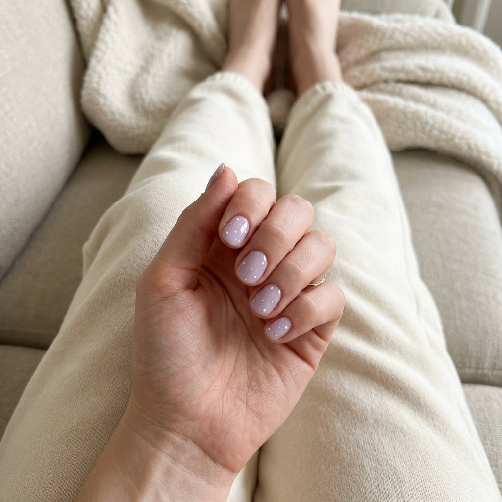 Lavender dot nails for trending summer nails 2026. Playful, whimsical style for daily wear and casual weekends.