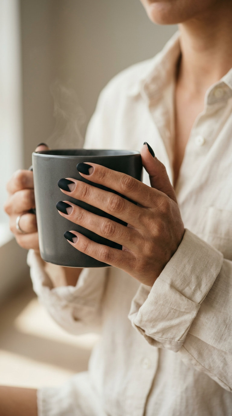 Matte Black Geometric Nails 2026: Edgy Summer Style Matte black geometric nails with negative space for trending summer nails 2026. Edgy, minimalist chic for work or casual.